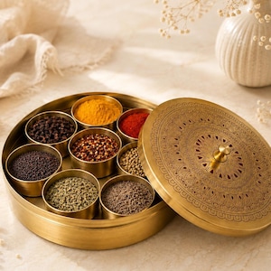 Brass Masala Dabba, Engraved Spice Box with 8 Bowls, Indian Kitchen Gift