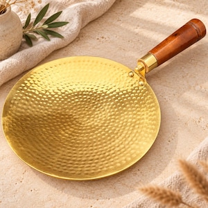 Handmade Brass Tawa with Wooden Handle, Traditional Indian Griddle