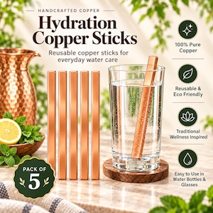May include: Five rectangular copper sticks for water hydration. The text reads Handcrafted Copper Hydration Copper Sticks, Reusable copper sticks for everyday water care, Pack of 5, 100% Pure Copper, Reusable & Eco Friendly, Traditional Wellness Inspired, Easy to Use in Water Bottles & Glasses.