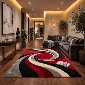 May include: A rectangular area rug featuring a bold, swirling abstract pattern in deep red, black, light gray, and cream. The design consists of concentric, curved bands that create a dynamic, circular motion effect across the entire surface.