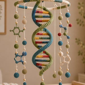 May include: A crochet mobile featuring a central DNA double helix structure in green, blue, yellow, and red. Hanging from a circular frame are various crocheted molecular structures and spheres in blue, green, and cream, accented with wooden beads.