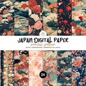 Puede incluir: Una colección de 24 papeles digitales con patrones continuos que presentan motivos de inspiración japonesa, incluyendo olas estilizadas, soles rojos, crisantemos, flores de cerezo, farolillos y el monte Fuji en rojo, azul y crema.
