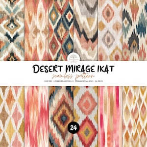 Puede incluir: Una colección digital de 24 patrones sin costuras titulada Desert Mirage Ikat. Los diseños presentan varios motivos de estilo ikat, incluyendo diamantes, rayas verticales y formas de chevrón en una paleta de terracota, ocre, azul verdoso y crema.