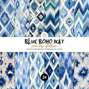 Könnte beinhalten: Eine digitale Sammlung von 24 nahtlosen Mustern mit blau-weißen Ikat-Designs, Rauten, Zickzacklinien und abstrakten Motiven. Der Text lautet BLUE BOHO IKAT seamless pattern 300 DPI | 2048X2048 PIXELS | COMMERCIAL USE | 24 FILES.