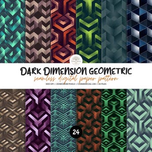May include: A collection of twelve seamless digital paper patterns featuring dark geometric designs in various colours including teal, brown, orange, lime green, blue, purple, and mint. The text reads DARK DIMENSION GEOMETRIC seamless digital paper pattern.