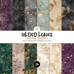 Könnte beinhalten: Eine Sammlung von 24 nahtlosen digitalen Mustern mit dem Titel GILDED LEAVES, die verschiedene botanische Designs mit Blattgold-Akzenten auf Hintergründen in Dunkelviolett, Anthrazit, Salbeigrün, Creme und Dunkelsmaragd mit Aquarelltexturen zeigen.
