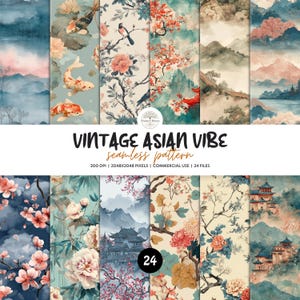 Puede incluir: Una colección digital de 24 patrones sin costuras con ilustraciones en acuarela de peces koi, flores de cerezo, peonías, pagodas y paisajes montañosos en tonos suaves. El texto dice VINTAGE ASIAN VIBE seamless pattern 300 DPI 2048X2048 PIXELS.