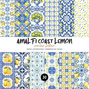May include: A collection of thirty seamless digital patterns featuring Amalfi Coast lemon motifs, blue and white Mediterranean tile designs, and botanical illustrations with yellow lemons and green leaves, labelled AMALFI COAST LEMON.