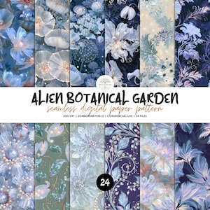May include: A collection of 24 seamless digital paper patterns titled ALIEN BOTANICAL GARDEN. The designs feature iridescent blue, purple, and white floral and plant motifs with glowing accents, presented in a grid of twelve distinct rectangular panels.
