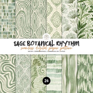 Puede incluir: Una colección de patrones de papel digital sin costuras con diseños botánicos y abstractos en verde salvia. El texto dice SAGE BOTANICAL RHYTHM, seamless digital paper pattern, 300 DPI, 2048X2048 PIXELS, COMMERCIAL USE, 24 FILES, y el número 24.
