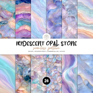 May include: A digital collection of 24 seamless patterns featuring iridescent opal stone textures in shades of blue, purple, pink, and peach with gold veining. The image includes the text: IRIDESCENT OPAL STONE seamless pattern 300 DPI 3072X3072 PIXELS COMMERCIAL USE 24 FILES.