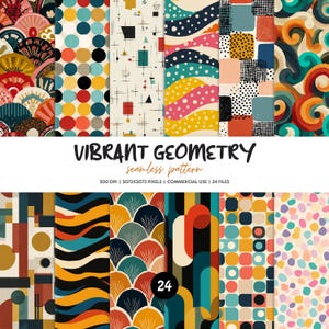 Könnte beinhalten: Eine digitale Sammlung von 24 nahtlosen Mustern mit lebendigen geometrischen Designs, darunter Kreise, Wellen, moderne Formen aus der Mitte des Jahrhunderts und abstrakte Motive in einer bunten Palette. Der Text VIBRANT GEOMETRY ist deutlich zu sehen.