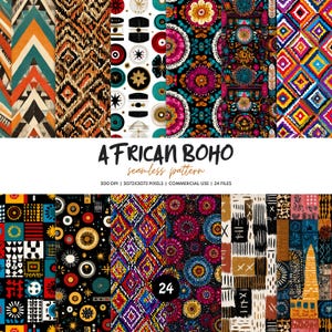 Könnte beinhalten: Eine digitale Sammlung von 24 nahtlosen Mustern mit verschiedenen geometrischen, floralen und abstrakten Designs in leuchtenden Farben wie Orange, Türkis, Schwarz, Magenta und Gelb. Der Text lautet AFRICAN BOHO seamless pattern 300 DPI 3072X3072 PIXELS COMMERCIAL USE 24 FILES.
