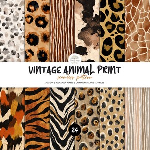 Può includere: Una collezione digitale di 24 motivi animalier senza cuciture con varie texture tra cui macchie di leopardo, strisce di zebra, macchie di giraffa e pelliccia di tigre in tonalità marrone, nero, beige, arancione e bianco con il testo Vintage Animal Print.