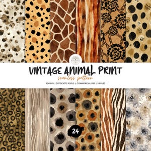 Può includere: Una collezione digitale di 24 motivi animalier vintage senza cuciture con macchie di leopardo, motivi di giraffa, strisce di zebra e catene in tonalità marrone, nero, beige e crema. Testo VINTAGE ANIMAL PRINT seamless pattern 300 DPI.