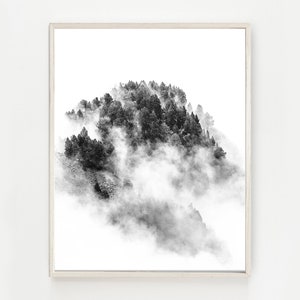 Photo noir et blanc d'un paysage de montagne : forêt de pins dans la brume. Décoration murale artistique pour votre maison ou votre bureau. image 6