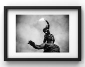 Firemen demonstration in Paris - Black and white print of a fireman on the Nation statue, limited edition