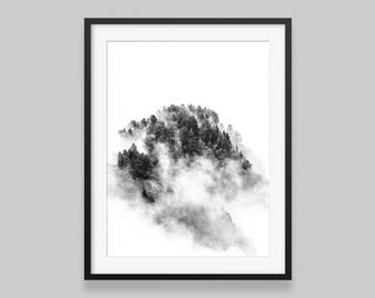 Misty Mountain Landscape Photo: Black and White Pine Forest Print