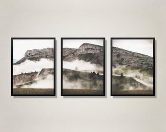 Triptych of photos of mountains in the mist. Set of three landscape photos of the French Alps for a modern travel decoration