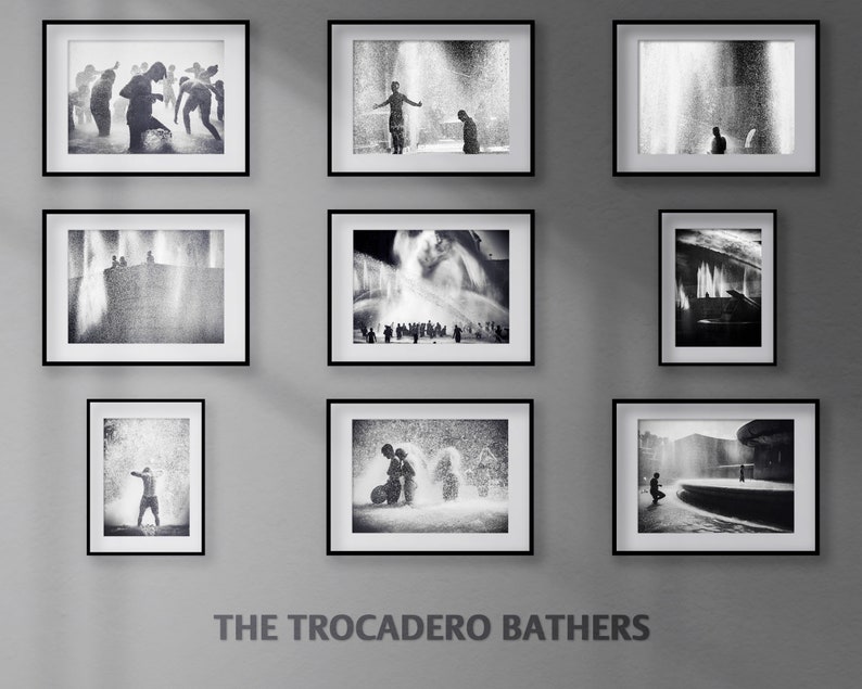 May include: A black and white photo collage of people playing in a fountain. The photos are framed and hung on a wall. The text "THE TROCADERO BATHERS" is printed below the photos.