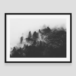 Nebliger Wald in Schwarz Weiß - Kunstdruck | Neblige Landschaft | Schwarz-weißes Poster | Nordische Wanddekoration | Winterdruck