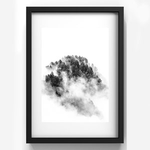 Photo noir et blanc d'un paysage de montagne : forêt de pins dans la brume. Décoration murale artistique pour votre maison ou votre bureau. image 1