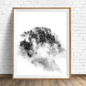 Photo noir et blanc d'un paysage de montagne : forêt de pins dans la brume. Décoration murale artistique pour votre maison ou votre bureau. image 7