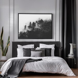 Photographie en noir et blanc d'une forêt enveloppée de brume. Les arbres apparaissent à travers un voile de brouillard, créant une ambiance apaisante et mystérieuse.