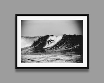 Surfer on Wave Print: Black & White Ocean Sports Photography