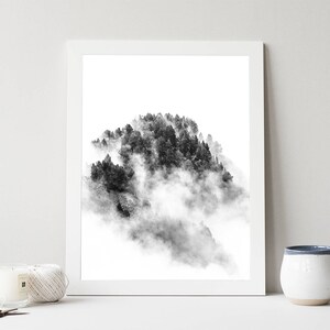 Photo noir et blanc d'un paysage de montagne : forêt de pins dans la brume. Décoration murale artistique pour votre maison ou votre bureau. image 9