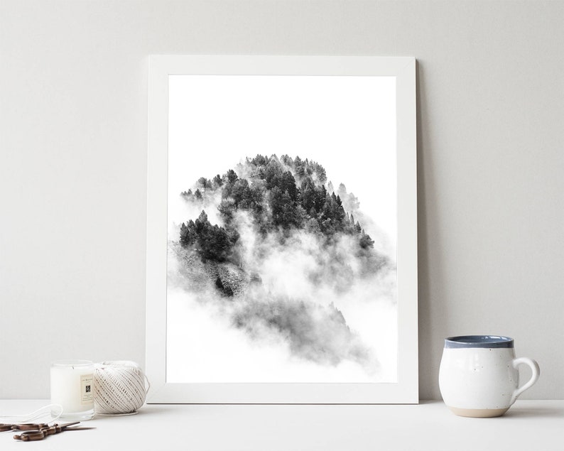 Photo noir et blanc d'un paysage de montagne : forêt de pins dans la brume. Décoration murale artistique pour votre maison ou votre bureau. image 9