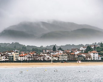 Bay of Saint-Jean-de-Luz, photo print Turbulent ocean Basque architecture Misty mountains travel souvenir from South-West France