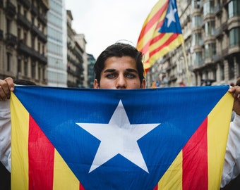 Young Man with Catalonia Flag - Color Photography Barcelona Demonstration