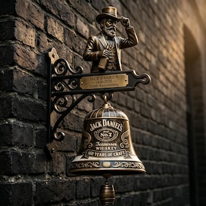 Könnte beinhalten: Eine bronzefarbene Wandglocke mit einer Figur eines Mannes mit Zylinder, der eine Flasche hält. Eine Plakette zeigt JACK DANIEL'S 1866-2026 160th Anniversary. Die Glocke ist mit JACK DANIEL'S Old No. 7 TENNESSEE WHISKEY 160 YEARS OF CRAFT graviert.