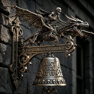 May include: A bronze-toned wall-mounted sign featuring a skeleton riding a dragon above a bell. The sign displays the text THIS IS MY HAPPY PLACE, while the bell is inscribed with DON'T FUCK IT UP and decorated with a row of small skulls at the base.