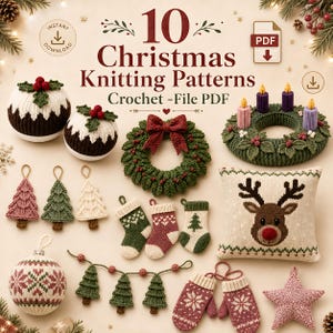 Bundel met 10 kerstbreipatronen in PDF-formaat: gebreide ornamenten, kerstsokken, kerstkrans, wanten, kerstboom, ster en andere kerstdecoraties. Digitale download.