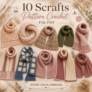 Peut inclure: Une collection de 10 modèles d'écharpes au crochet présentés sous forme de fichier PDF numérique. L'image montre diverses écharpes dans des tons de rose, vert, bleu et crème, avec des textures variées, des franges et des motifs géométriques.