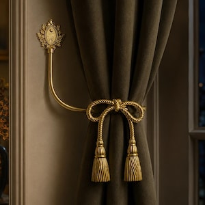May include: A gold-toned metal curtain holdback featuring an ornate, leaf-detailed wall mount and a curved arm. The holdback is styled with a decorative rope-like knot design that includes two hanging tassels, securing a dark brown fabric curtain.