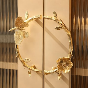 Solid Brass Butterfly Flower Branch Door Handle Set, Decorative Double Door Pull Handles
