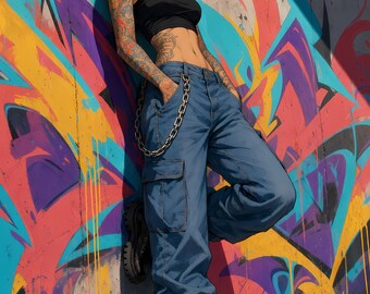 Anime Streetwear Printable Wall Art, Graffiti Wall Poster, Tattooed Girl Print, Urban Anime Room Decor, Digital Download, 5 Aspect Ratios