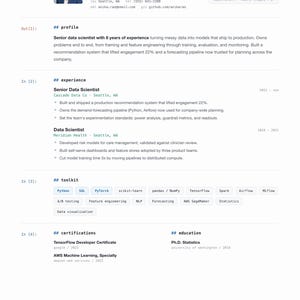 May include: A professional curriculum vitae for Anika Rao, PhD, a senior data scientist. The document details a profile summary, work experience at Cascade Data Co and Meridian Health, a technical toolkit section, certifications, and education.