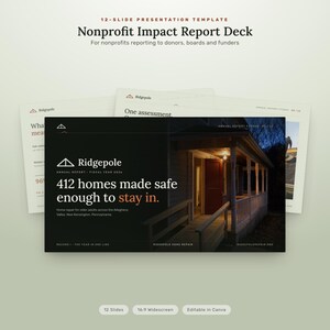 Può includere: Un modello di presentazione di 12 diapositive intitolato Nonprofit Impact Report Deck per organizzazioni no-profit. Le diapositive presentano un tema scuro con il logo Ridgepole, testo sulla riparazione domestica e una foto di un portico.
