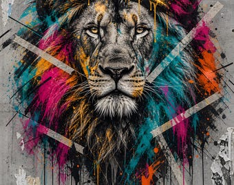 Graffiti Lion Printable Wall Art, Street Art Poster, Gold Crown Lion Print, Urban Spray Paint Decor, Bold Modern Digital Download, 5 Ratios