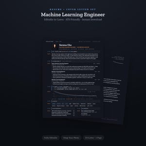 Puede incluir: Un conjunto de plantillas de currículum y carta de presentación con tema oscuro para ingeniero de aprendizaje automático. El documento presenta texto blanco sobre fondo negro, incluyendo secciones de experiencia, habilidades y educación.