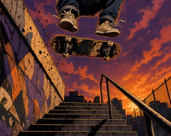 Skateboard Printable Wall Art, Kickflip Poster, Punk Comic Skate Print, Teen Skater Room Decor, Digital Download, 5 Aspect Ratios