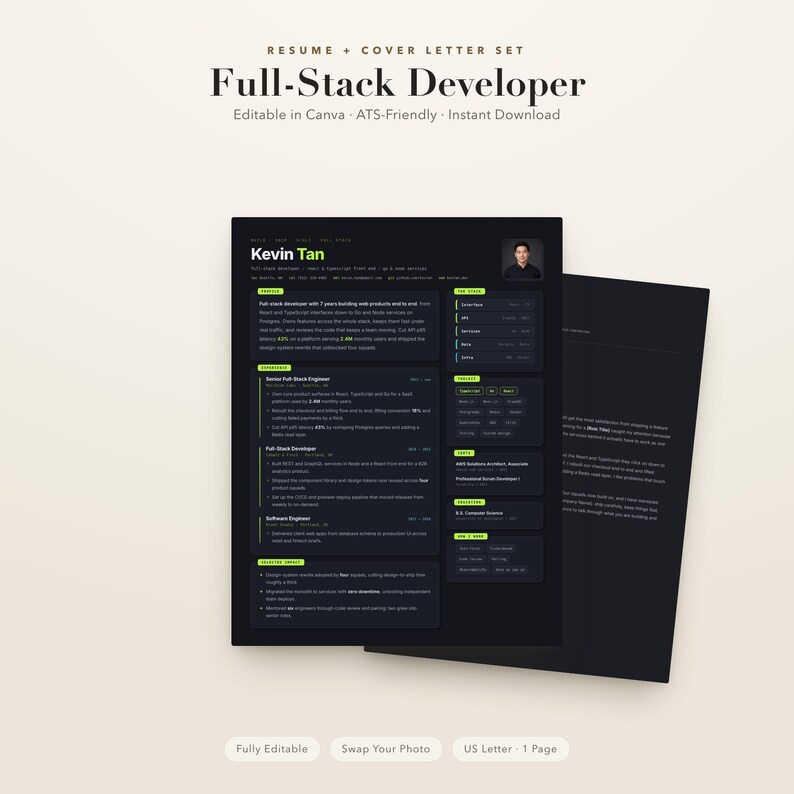 CV-mall för fullstack-utvecklare + personligt brev | Redigerbar i Canva | ATS-vänlig | Direkt nedladdning bild 2