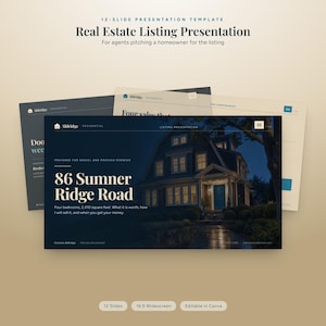 Könnte beinhalten: Eine 12-seitige Immobilien-Präsentationsvorlage mit einer dunkelblauen Folie, die ein Haus, den Text 86 Sumner Ridge Road und Maklerdetails zeigt. Das Design bietet ein 16:9-Breitbildformat und ist für Makler in Canva vollständig bearbeitbar.