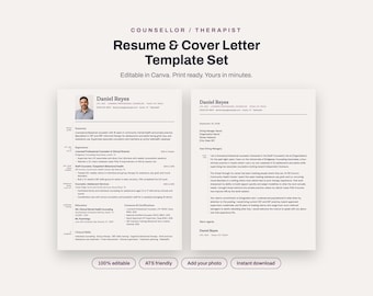 Counsellor / Therapist Resume Template + Cover Letter | Editable in Canva | ATS-Friendly | Instant Download