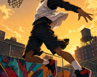 Basketball Printable Wall Art, Streetball Dunk Poster, Anime Sports Print, Boys Room Basketball Decor, Digital Download, 5 Aspect Ratios