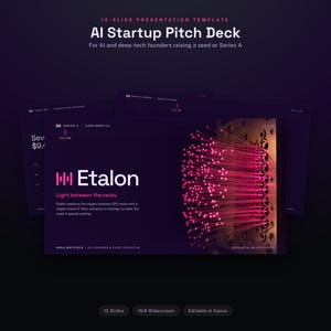 Op de afbeelding: Een presentatiesjabloon van 12 dia's genaamd AI Startup Pitch Deck voor AI- en deep-tech-oprichters. De donkerpaarse dia's bevatten de tekst Etalon, Light between the racks en een afbeelding van gloeiende roze glasvezelkabels in een rack.